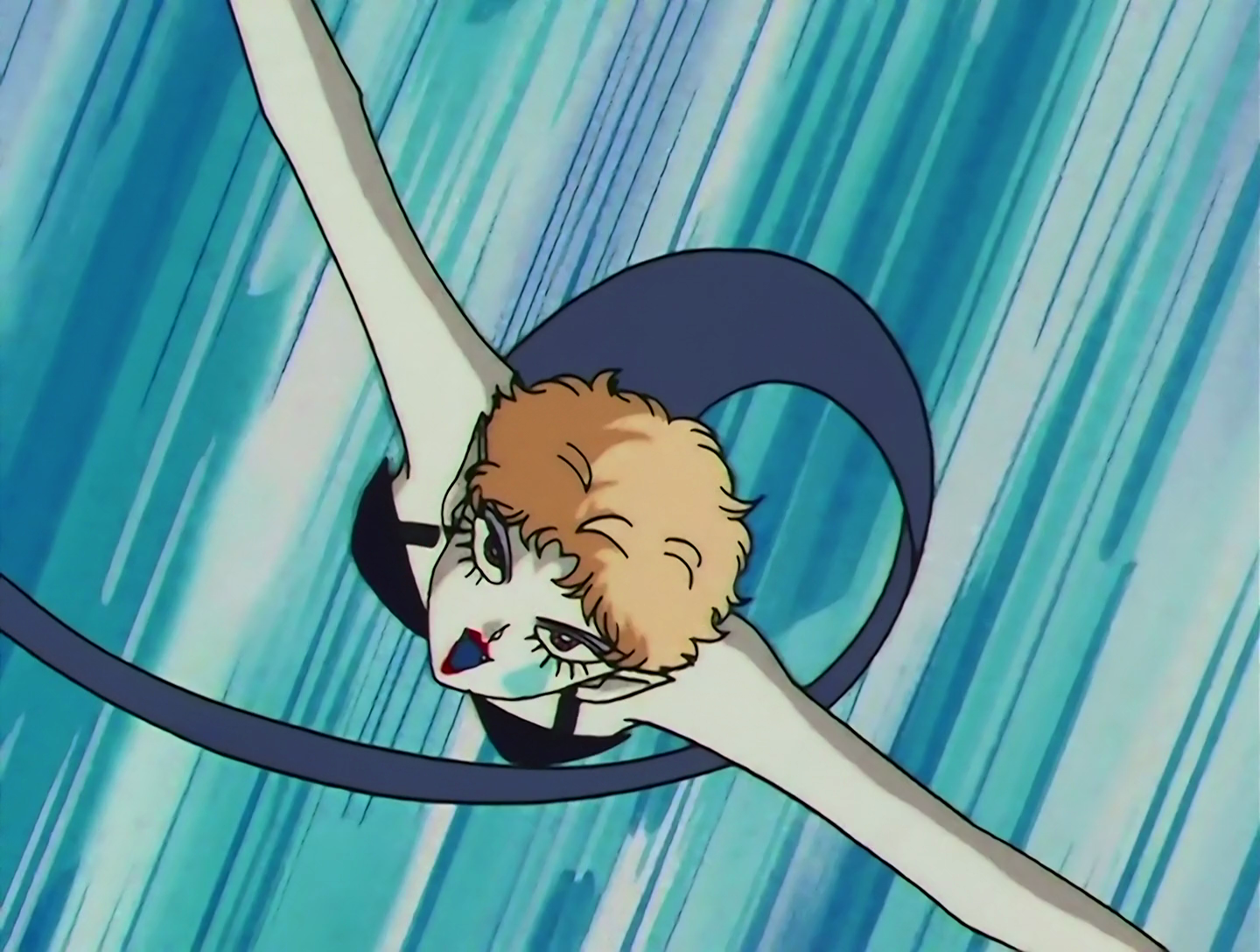 Hebihanabiko, a Lemures from Sailor Moon episode 135. She has pale white skin and short blonde hair. She’s wearing a black dress, and her lower body is just a long stretched shadow as she flies towards the viewer.